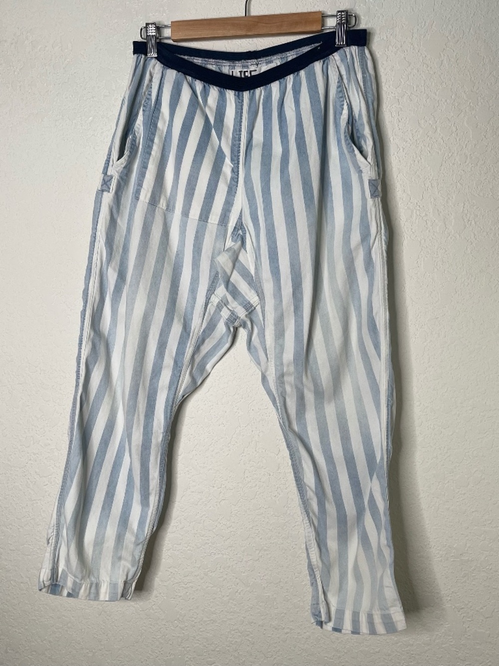 FREECITY Life Nature Love Pants Womens M Blue White Stripe Drop Crotch Made USA